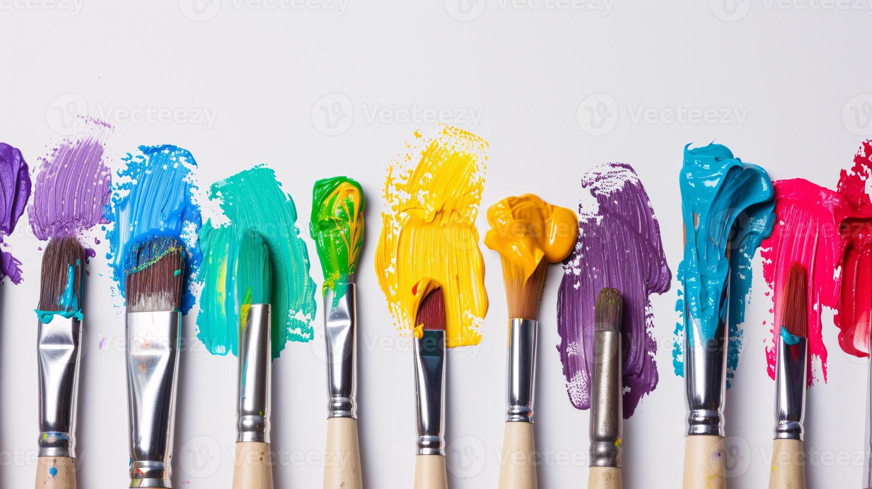 An arrangement of colorful paintbrushes dipped in various hues of paint on a pristine white surface photo