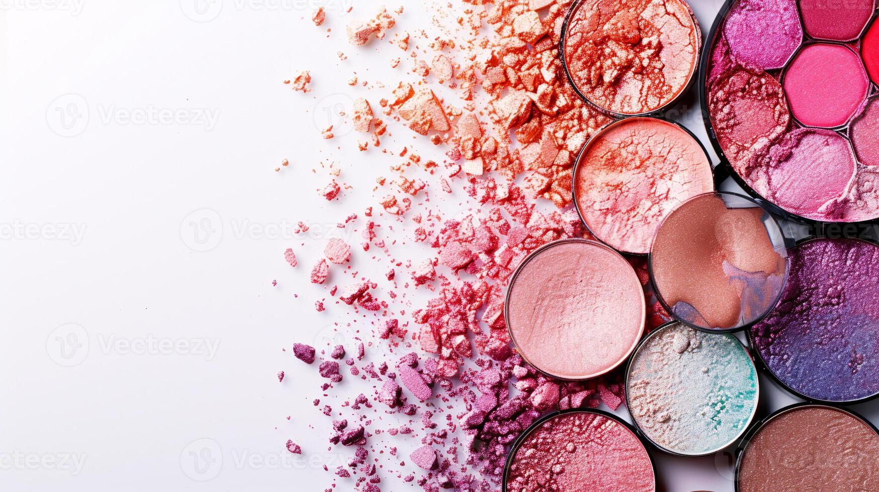 Artistic makeup palettes, a burst of vibrant colors, are arranged in a visually pleasing manner against the pristine white background photo