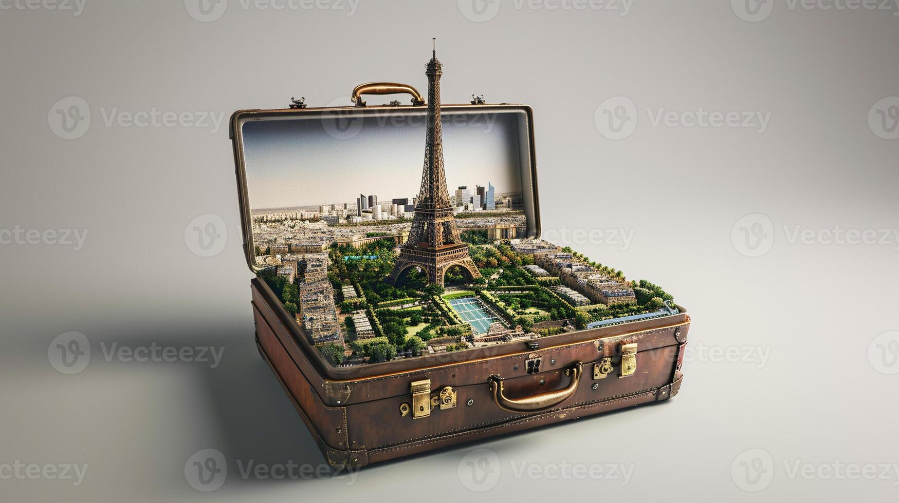 a vintage suitcase opened, and a touristic destination popping out of it photo