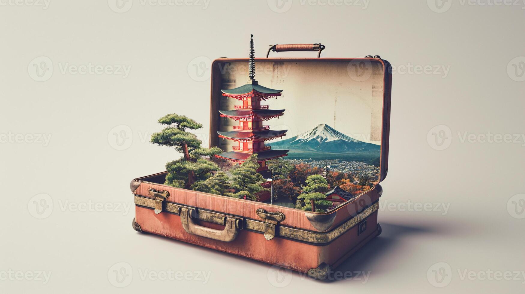 a vintage suitcase opened, and a touristic destination popping out of it photo