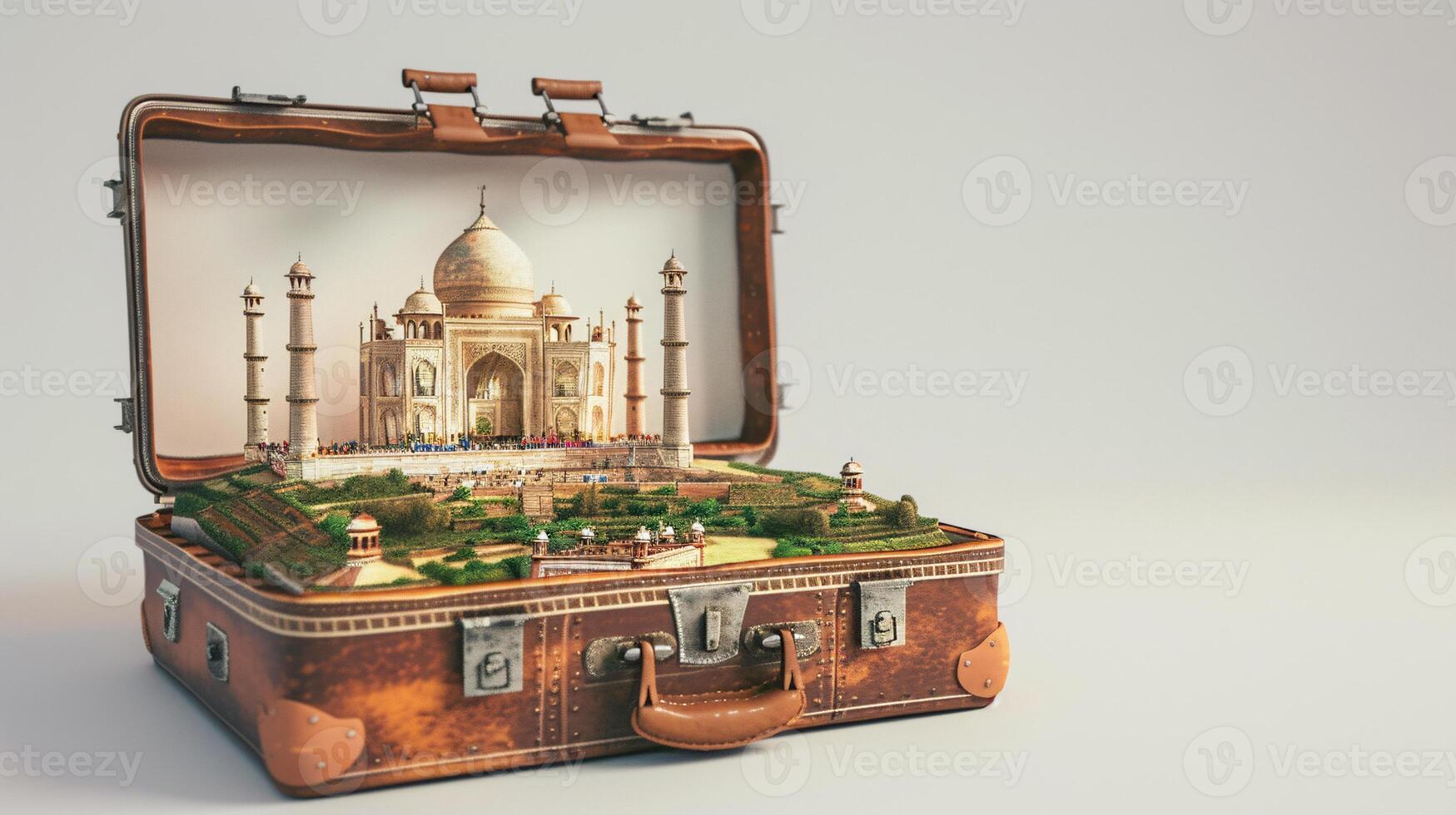 a vintage suitcase opened, and a touristic destination popping out of it photo