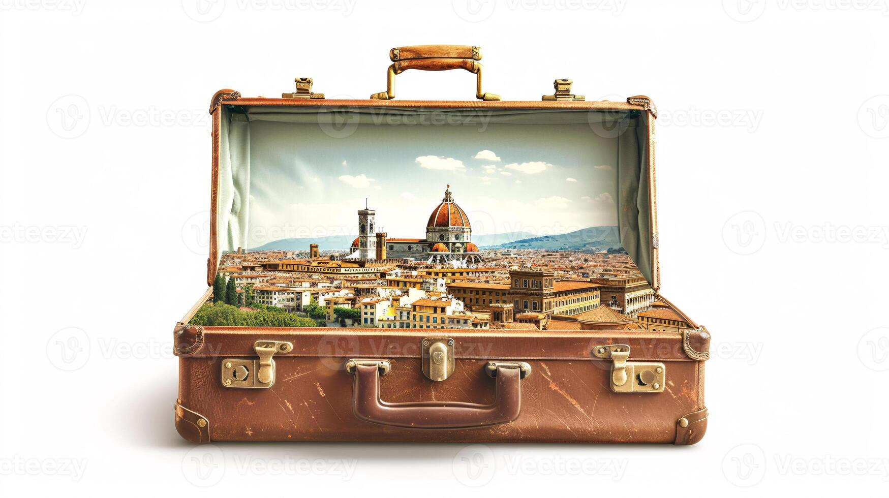 a vintage suitcase opened, and a touristic destination popping out of it photo