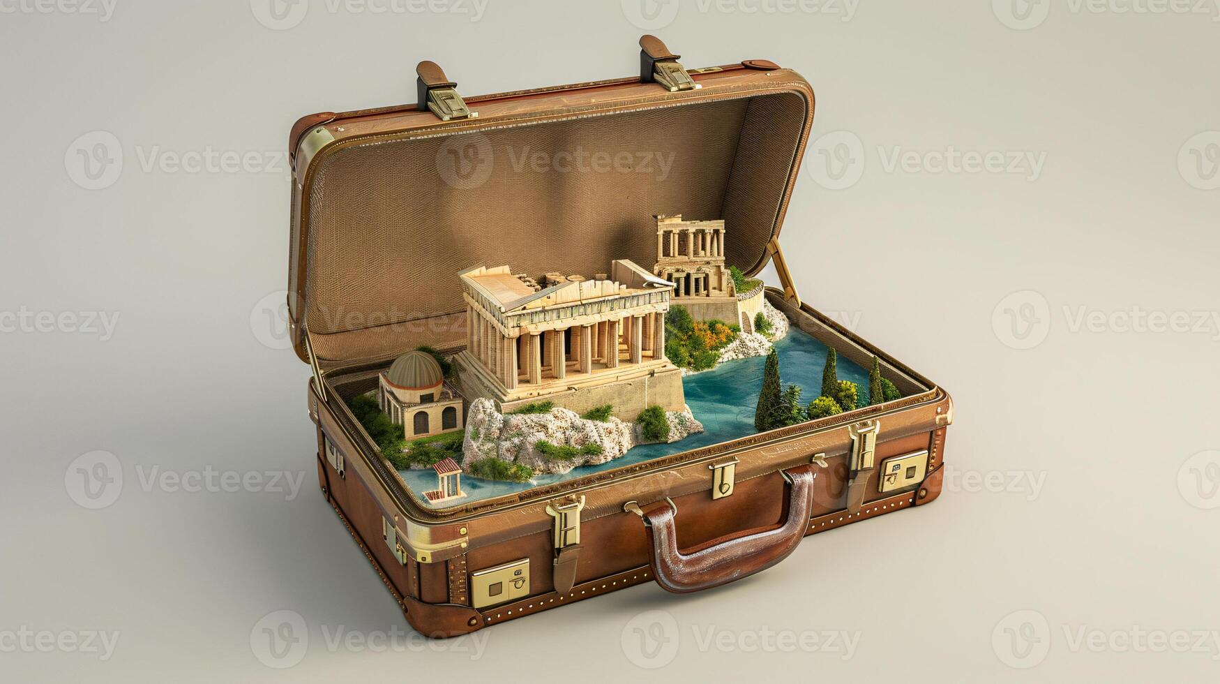 a vintage suitcase opened, and a touristic destination popping out of it photo