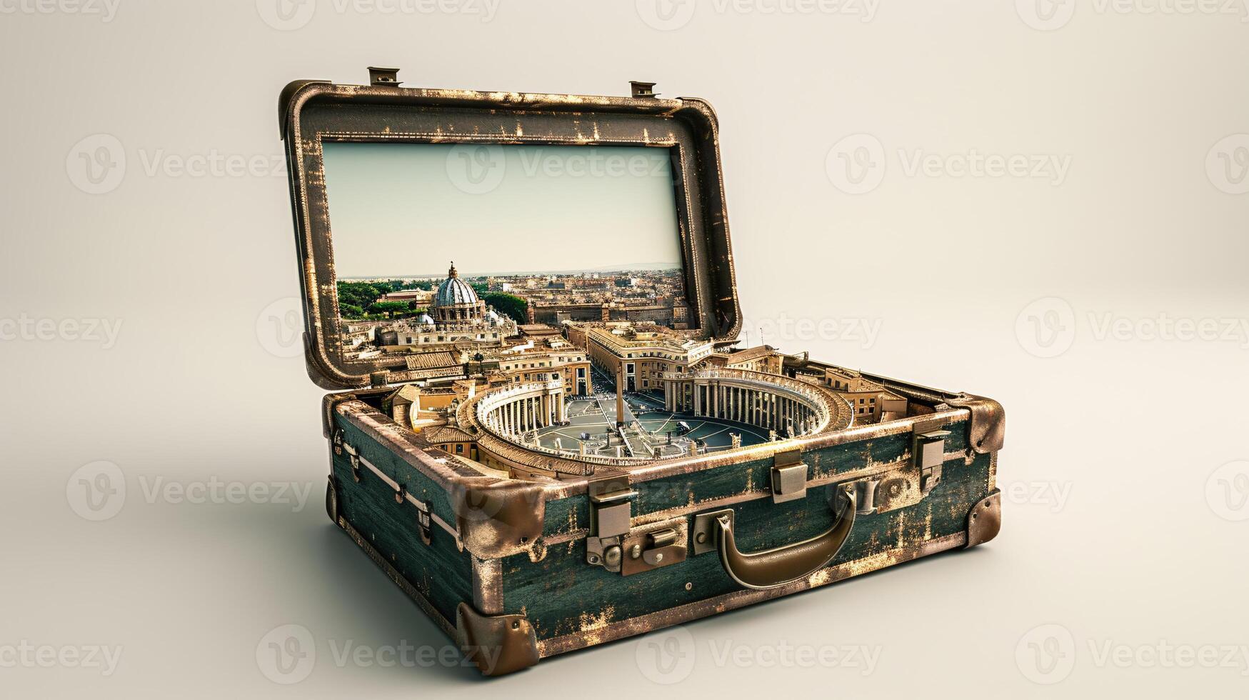 a vintage suitcase opened, and a touristic destination popping out of it photo