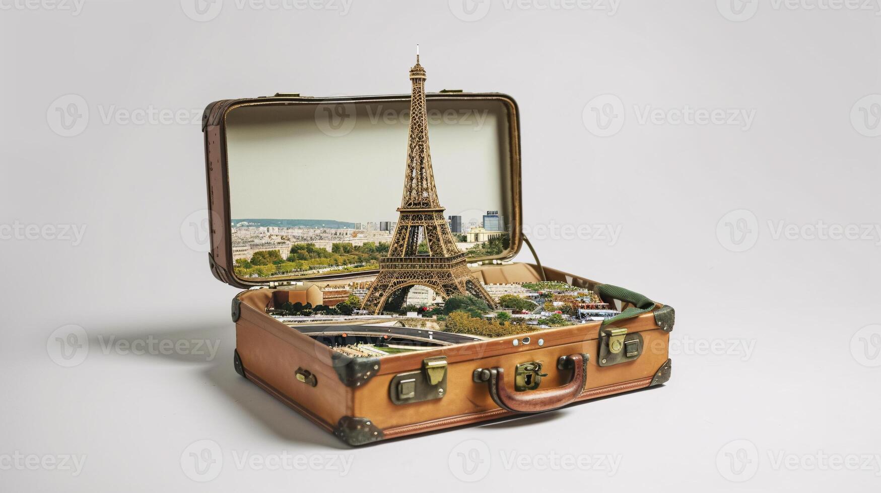 a vintage suitcase opened, and a touristic destination popping out of it photo