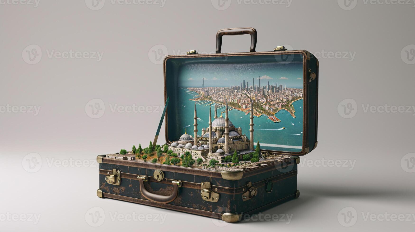 a vintage suitcase opened, and a touristic destination popping out of it photo