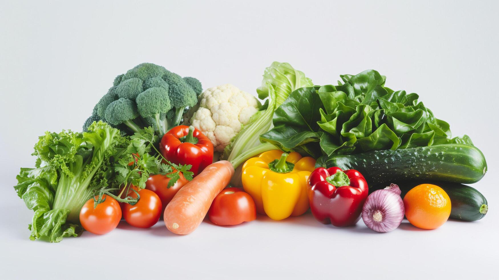A vibrant array of fresh herbs and vegetables, forms a captivating display on the clear white surface. photo