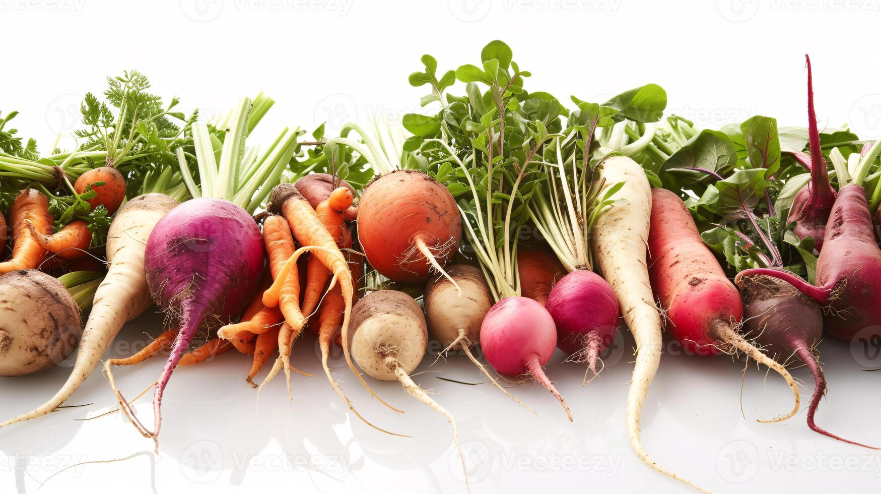 A vibrant array of fresh herbs and vegetables, forms a captivating display on the clear white surface. photo