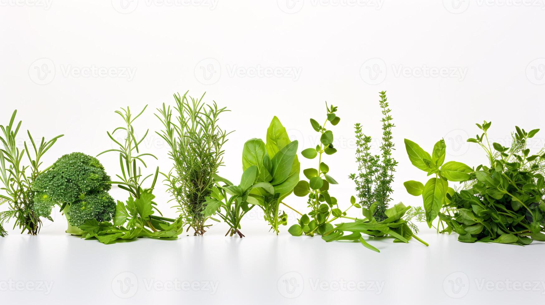 A vibrant array of fresh herbs and vegetables, forms a captivating display on the clear white surface. photo