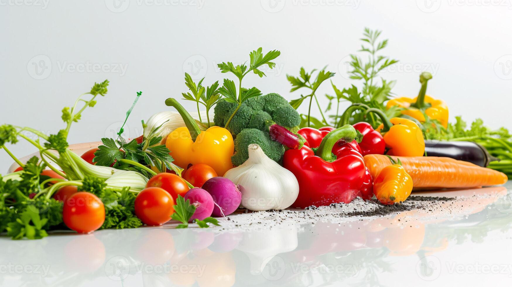 A vibrant array of fresh herbs and vegetables, forms a captivating display on the clear white surface. photo