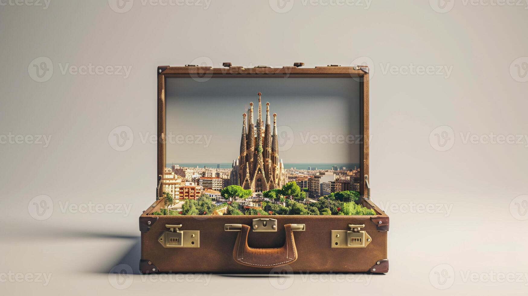 a vintage suitcase opened, and a touristic destination popping out of it photo