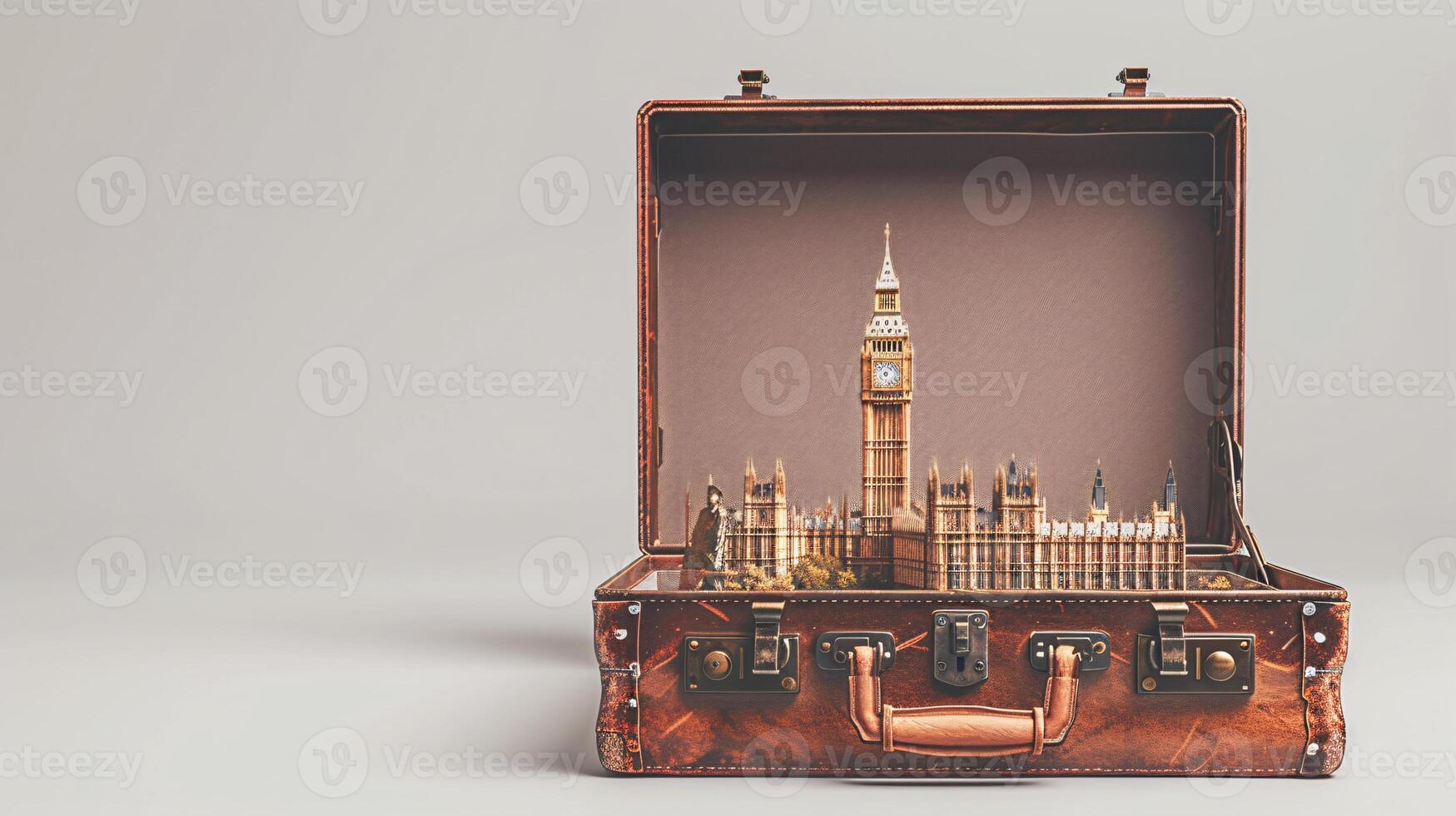 a vintage suitcase opened, and a touristic destination popping out of it photo