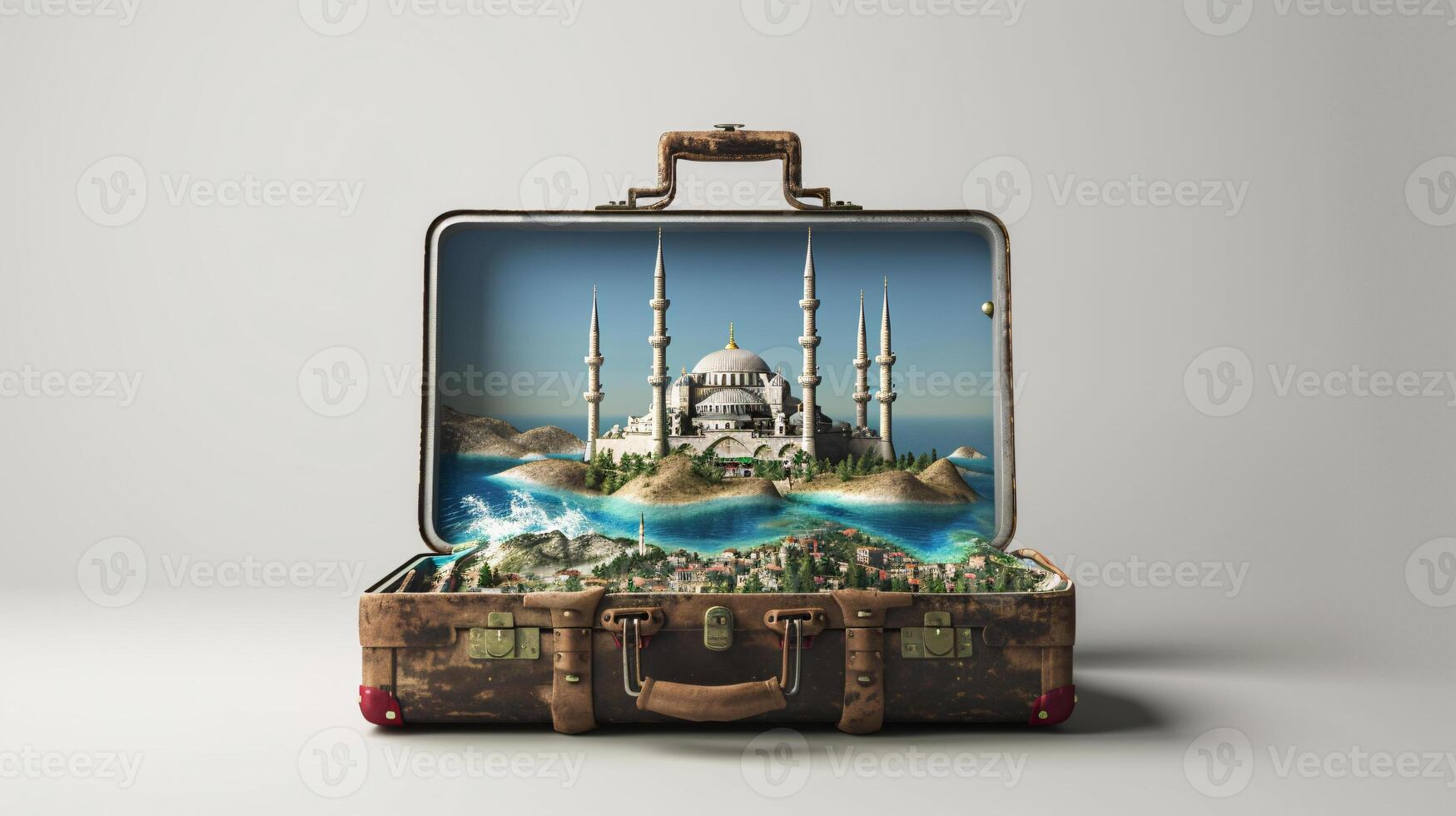 a vintage suitcase opened, and a touristic destination popping out of it photo