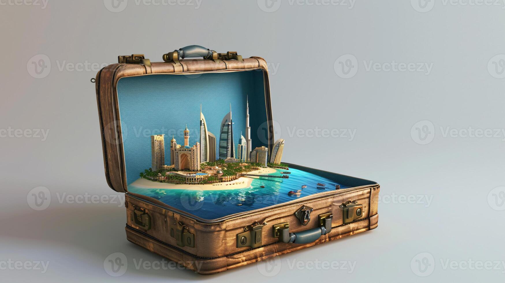 a vintage suitcase opened, and a touristic destination popping out of it photo