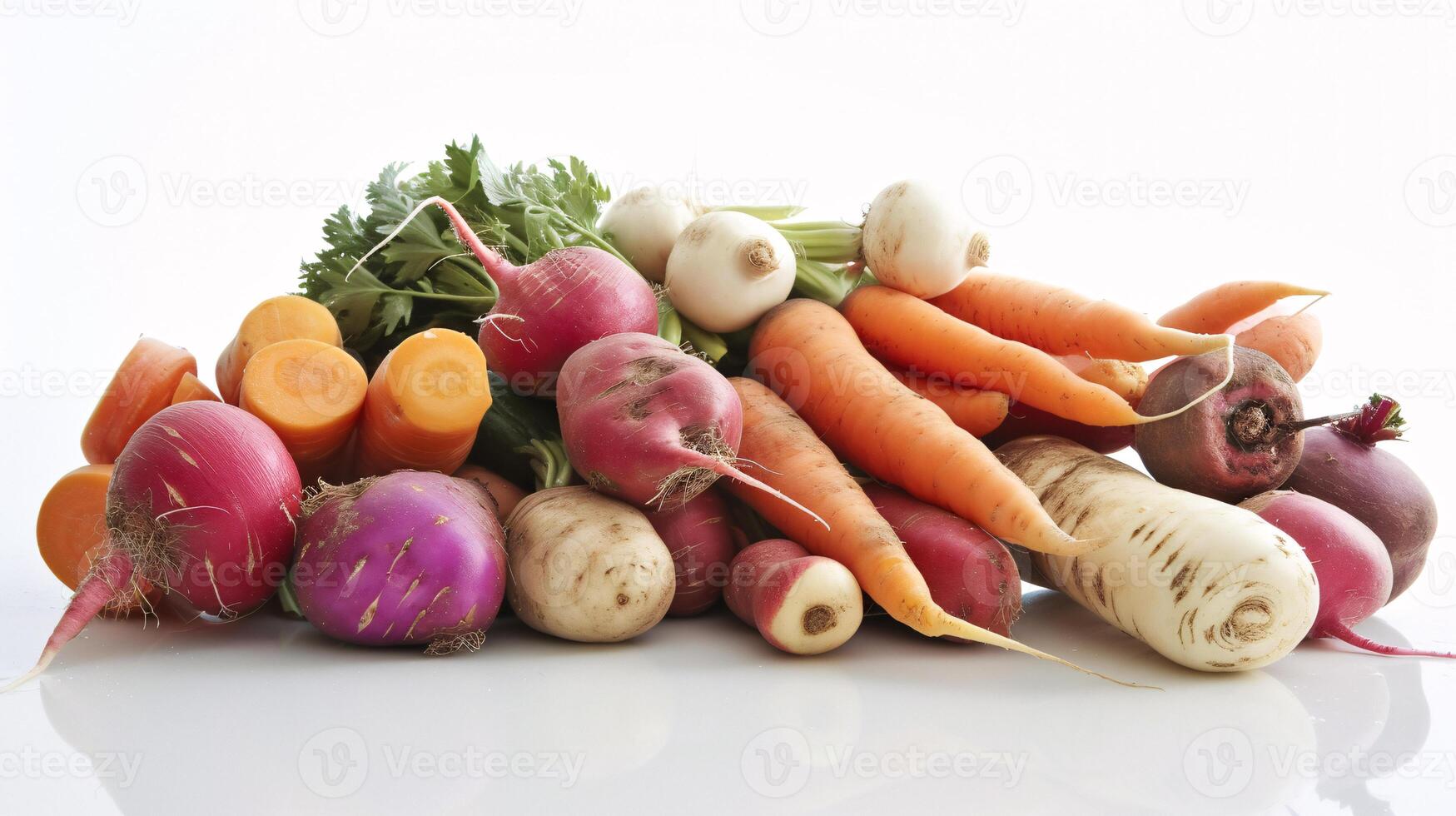 A vibrant array of fresh herbs and vegetables, forms a captivating display on the clear white surface. photo