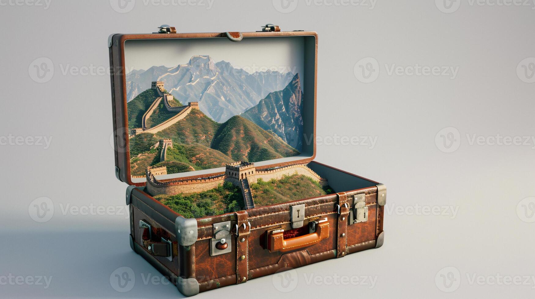 a vintage suitcase opened, and a touristic destination popping out of it photo