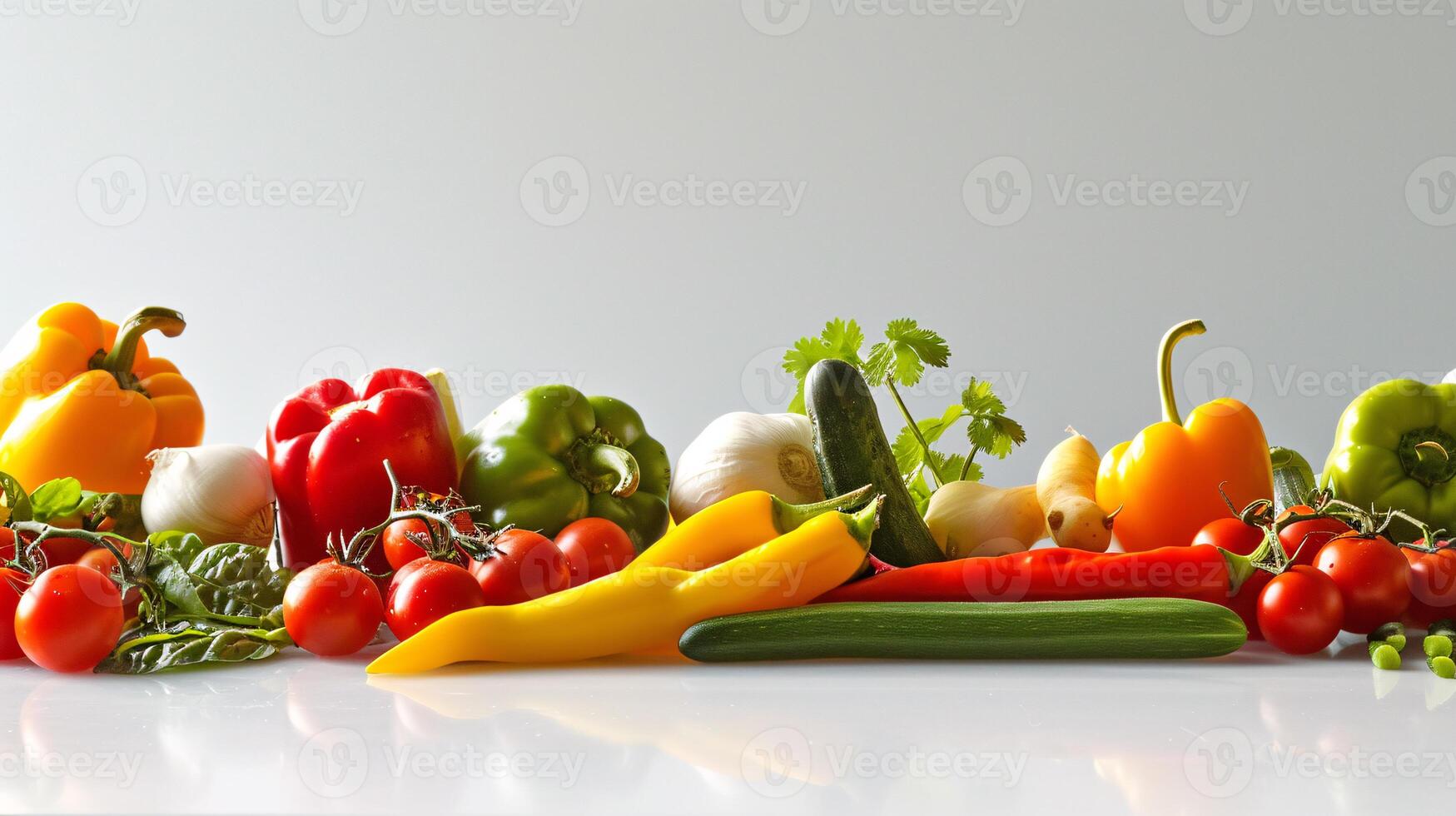 A vibrant array of fresh herbs and vegetables, forms a captivating display on the clear white surface. photo