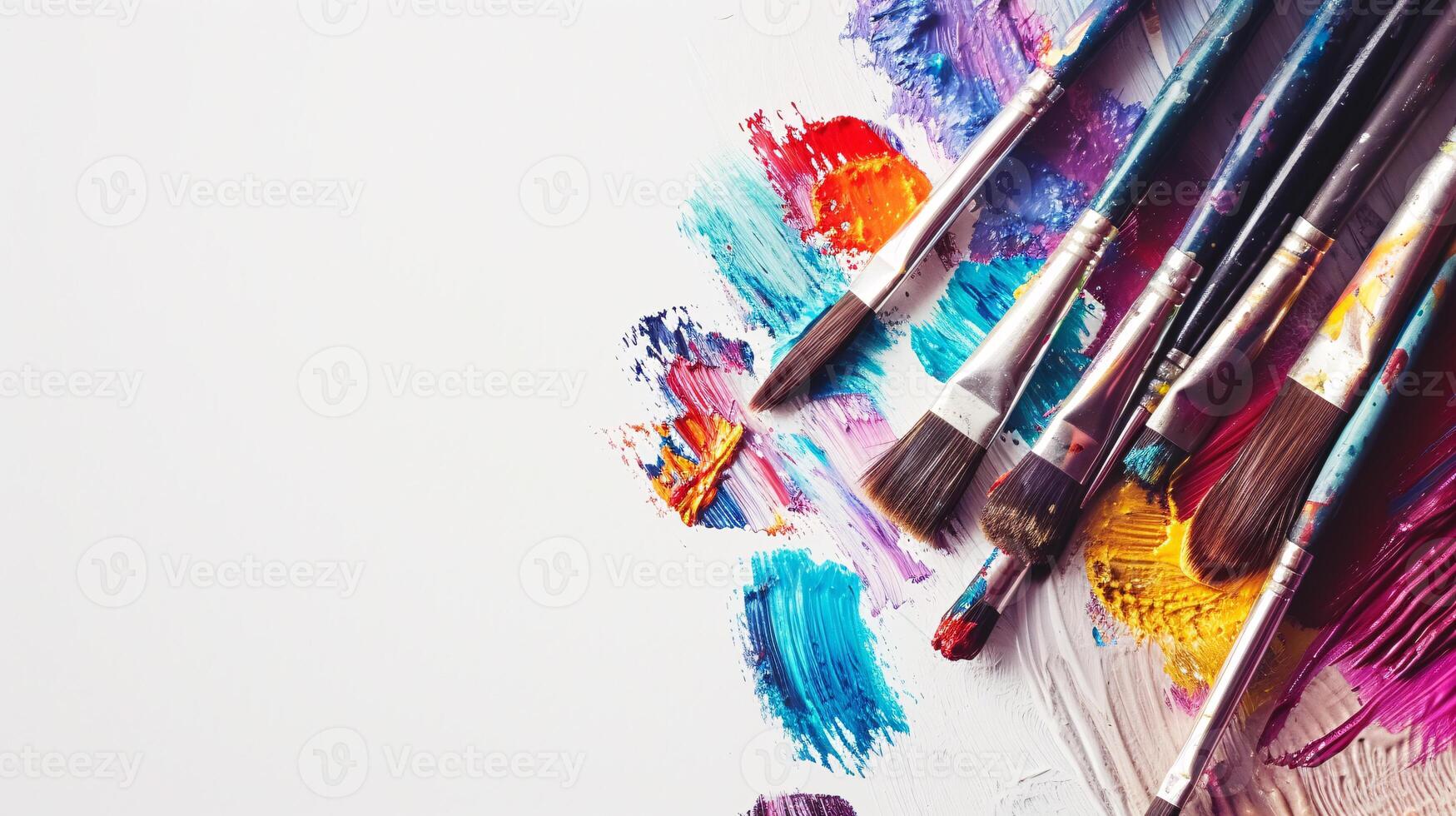 An arrangement of colorful paintbrushes dipped in various hues of paint on a pristine white surface photo