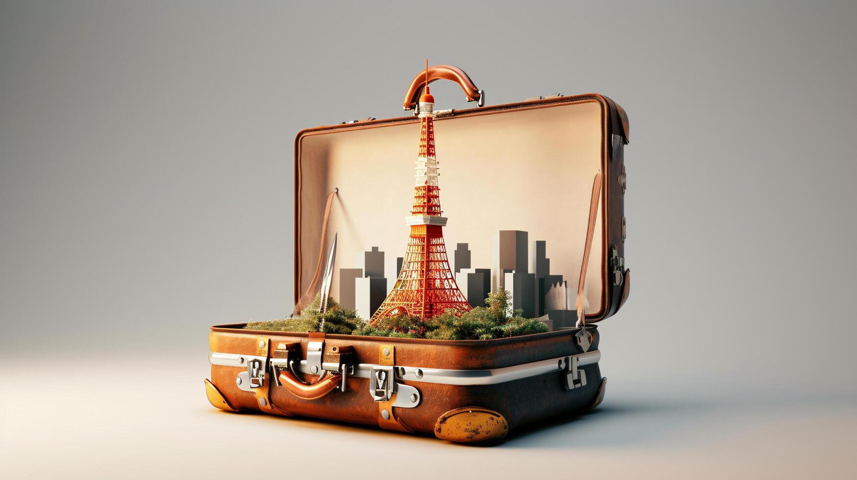 a vintage suitcase opened, and a touristic destination popping out of it photo