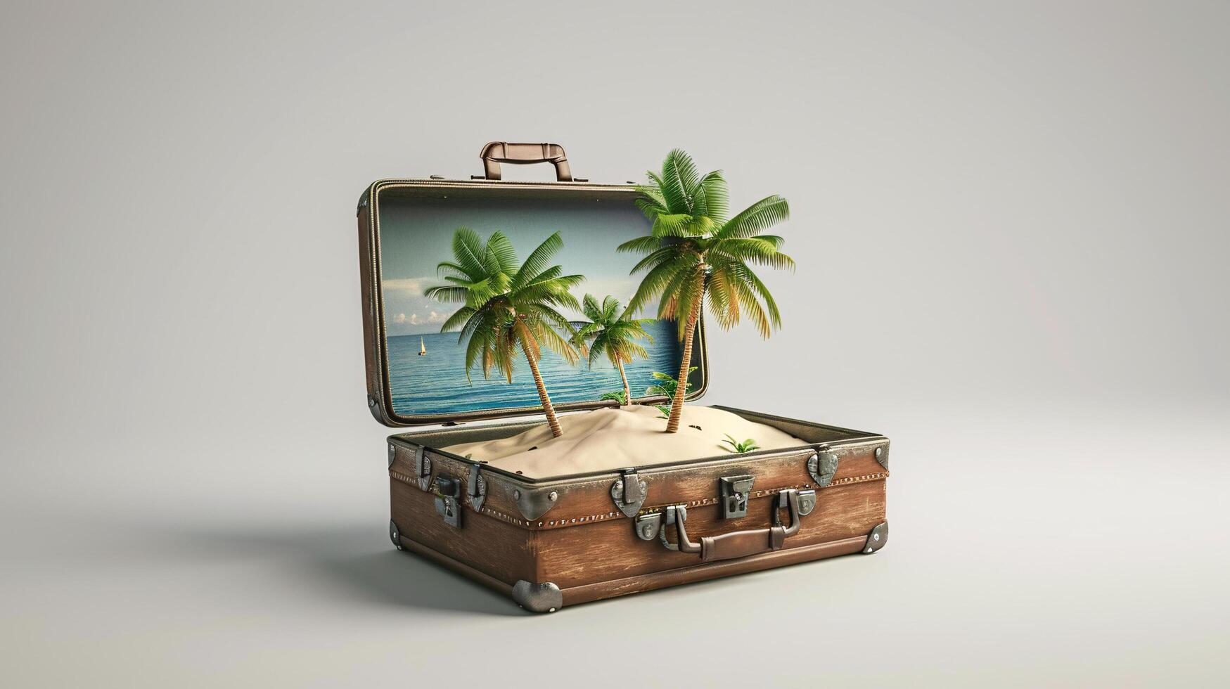 a vintage suitcase opened, and a touristic destination popping out of it photo