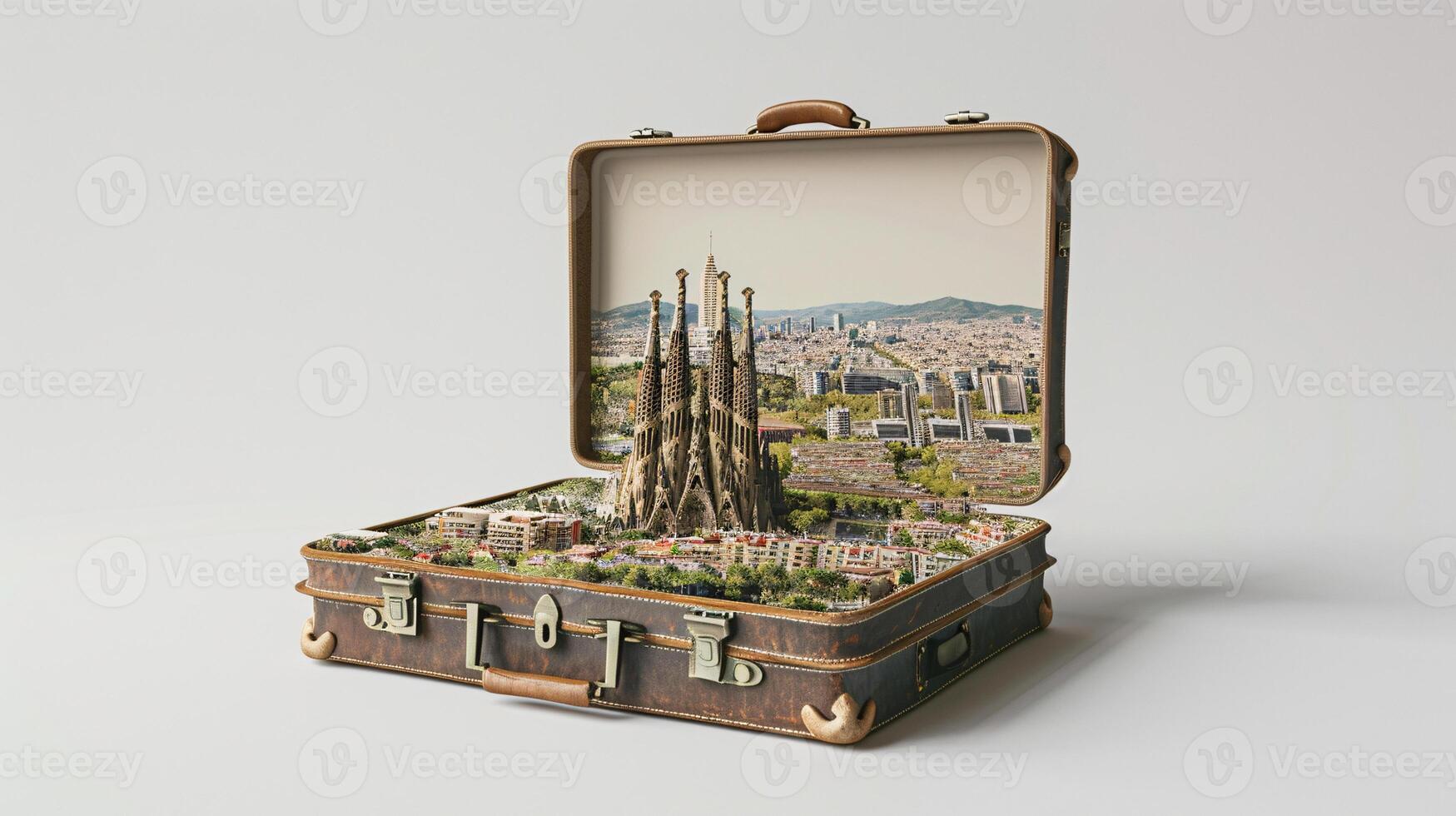 a vintage suitcase opened, and a touristic destination popping out of it photo