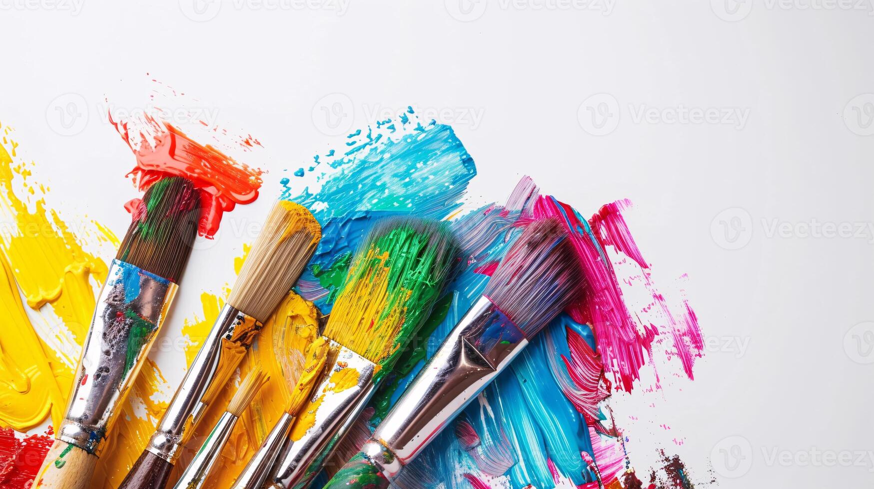 An arrangement of colorful paintbrushes dipped in various hues of paint on a pristine white surface photo