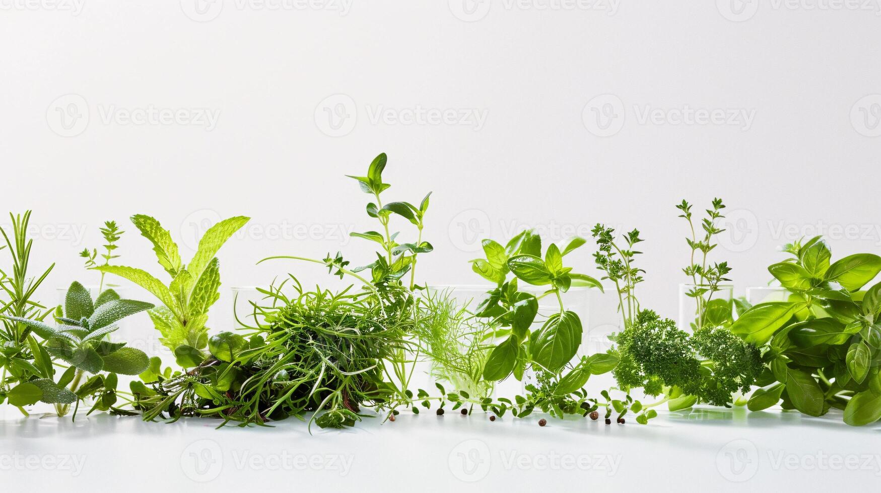 A vibrant array of fresh herbs and vegetables, forms a captivating display on the clear white surface. photo