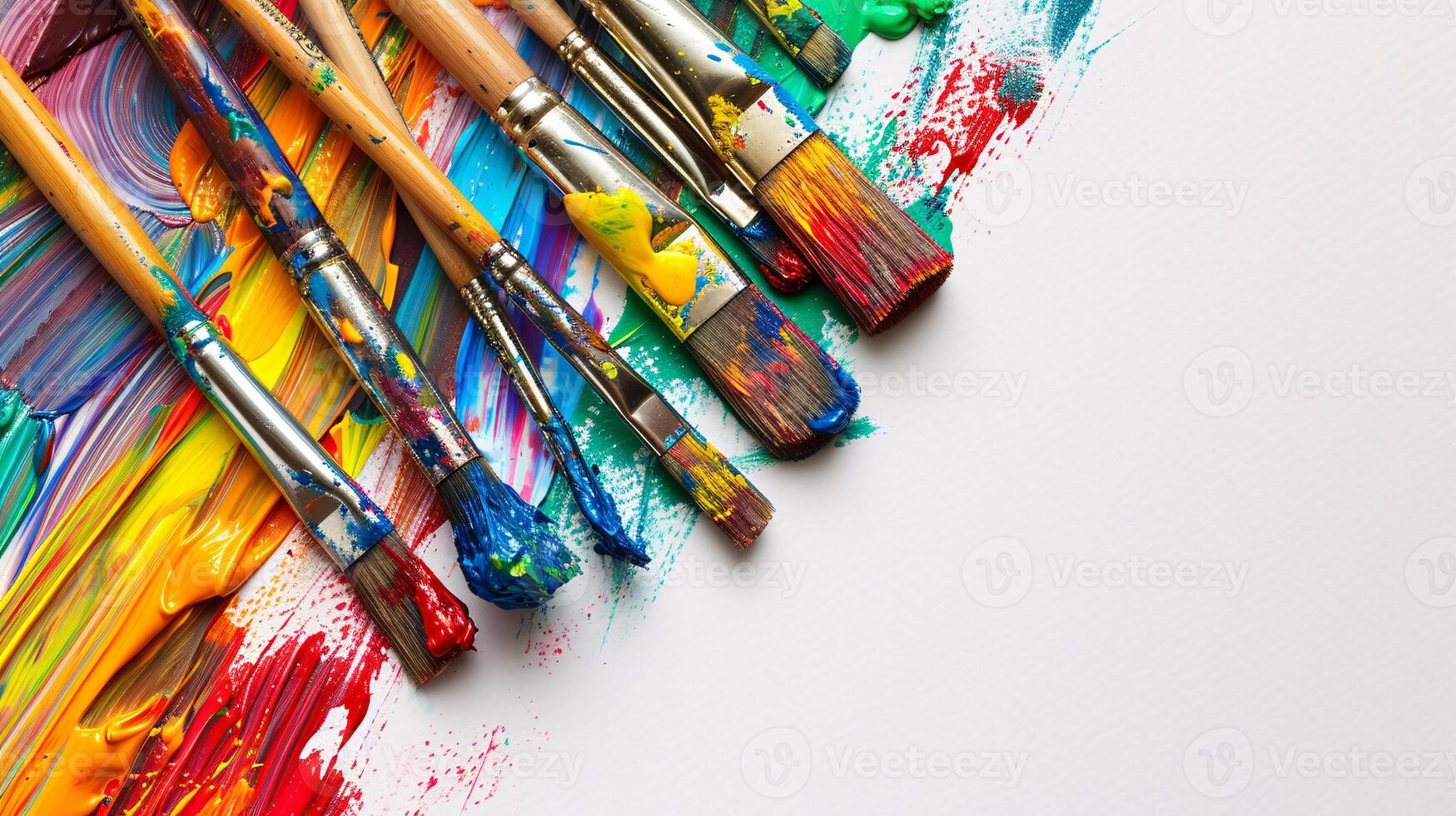 An arrangement of colorful paintbrushes dipped in various hues of paint on a pristine white surface photo