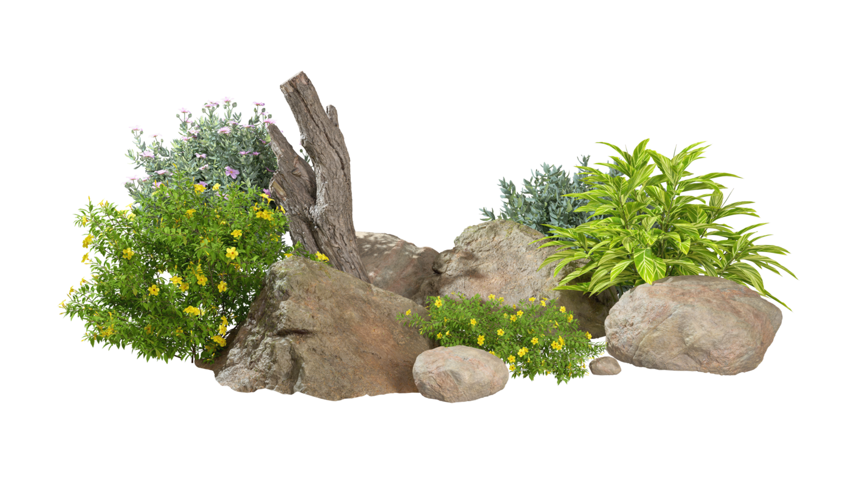Cut out gardening plants and nature rock timber design layout 3d rendering file png