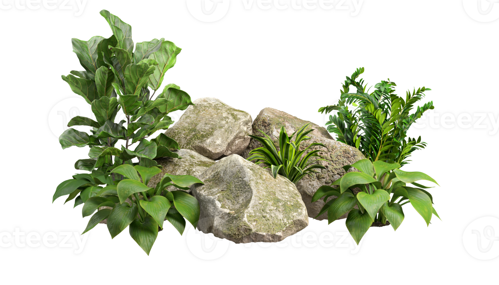Cutout green tropics gardening decorative with mossy rock set 3d rendering illustration background file png