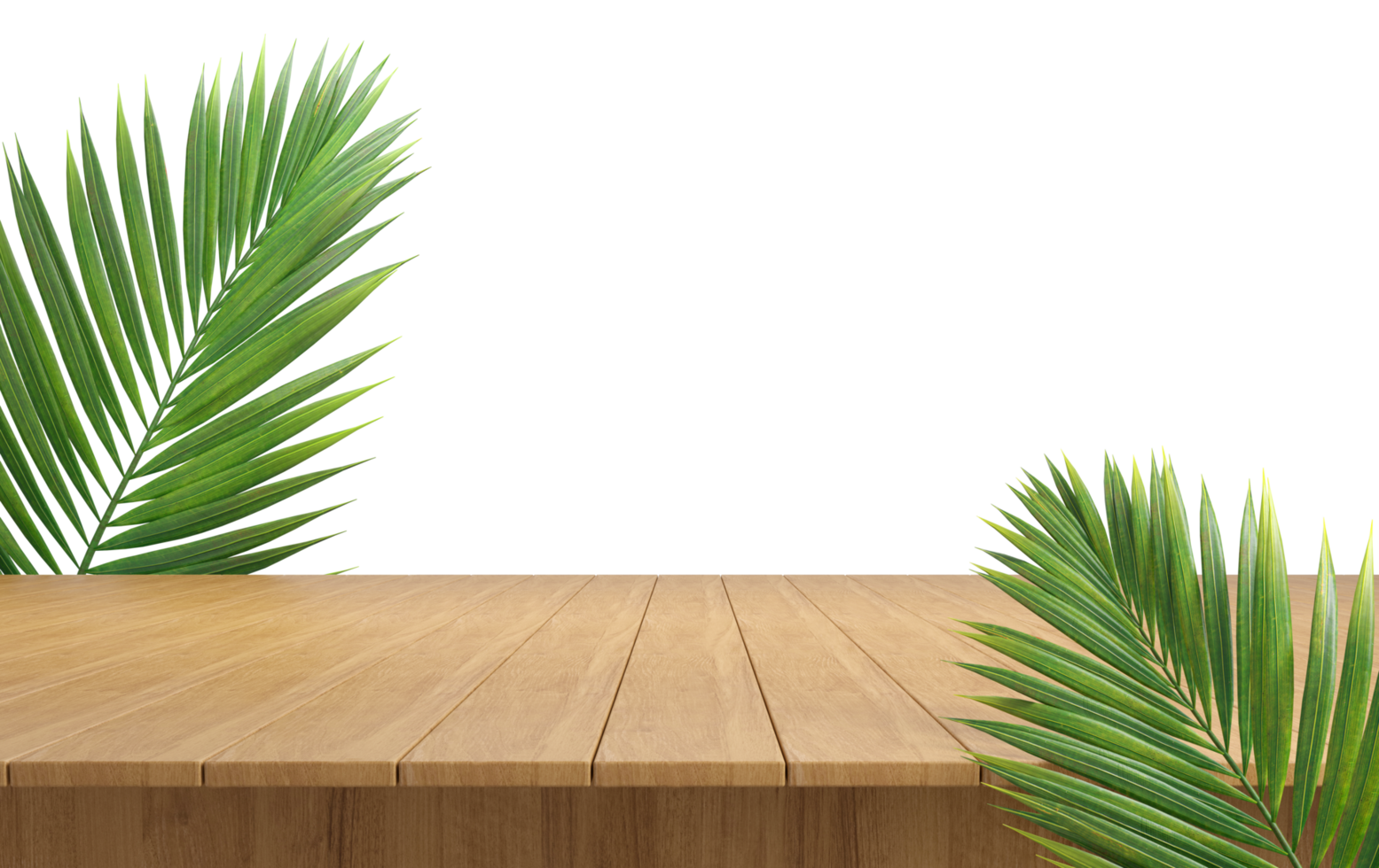 madera tablón tablero parte superior estante con verde palma hojas follaje transparente antecedentes 3d representación archivo png