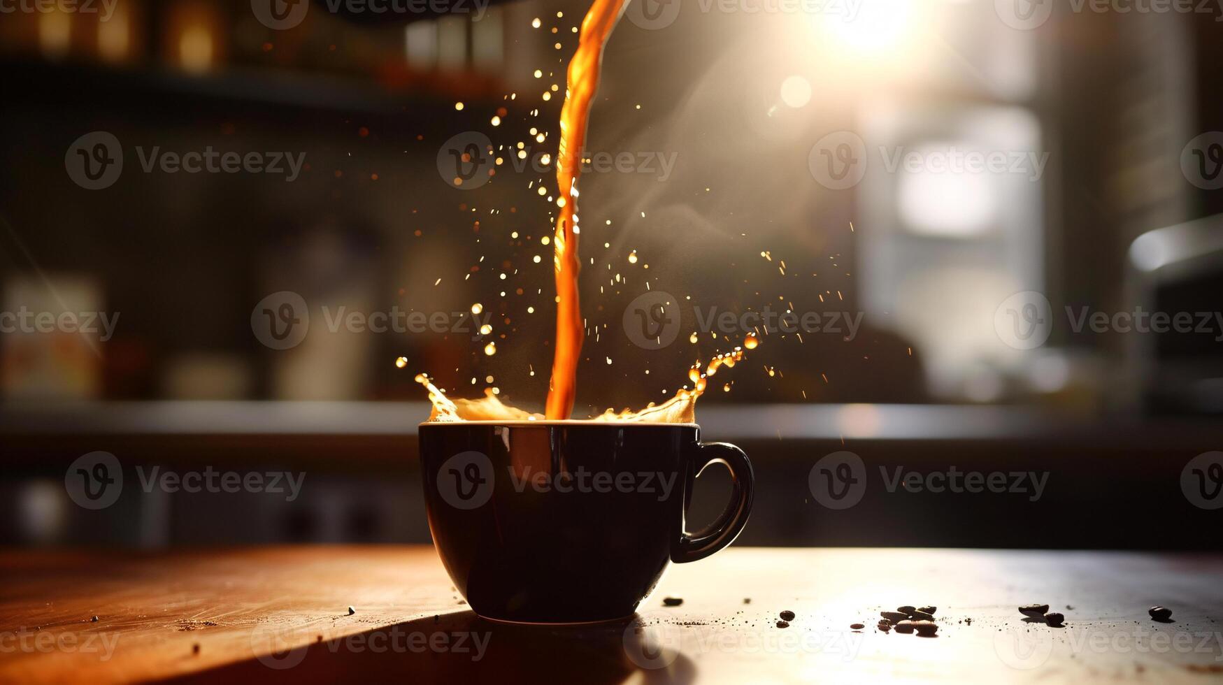 the fluid beauty of pouring coffee into a pristine cup, captured in mid-air photo