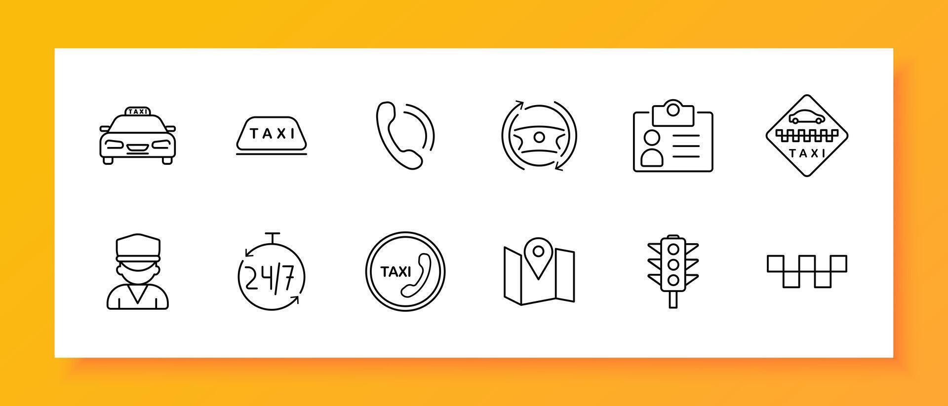 Taxi icon set. ID card, passport, data, phone, call, silhouette, driver, uniform, 24 hour work, steering wheel, sign, traffic light, car. Transportation service concept. line icon. vector