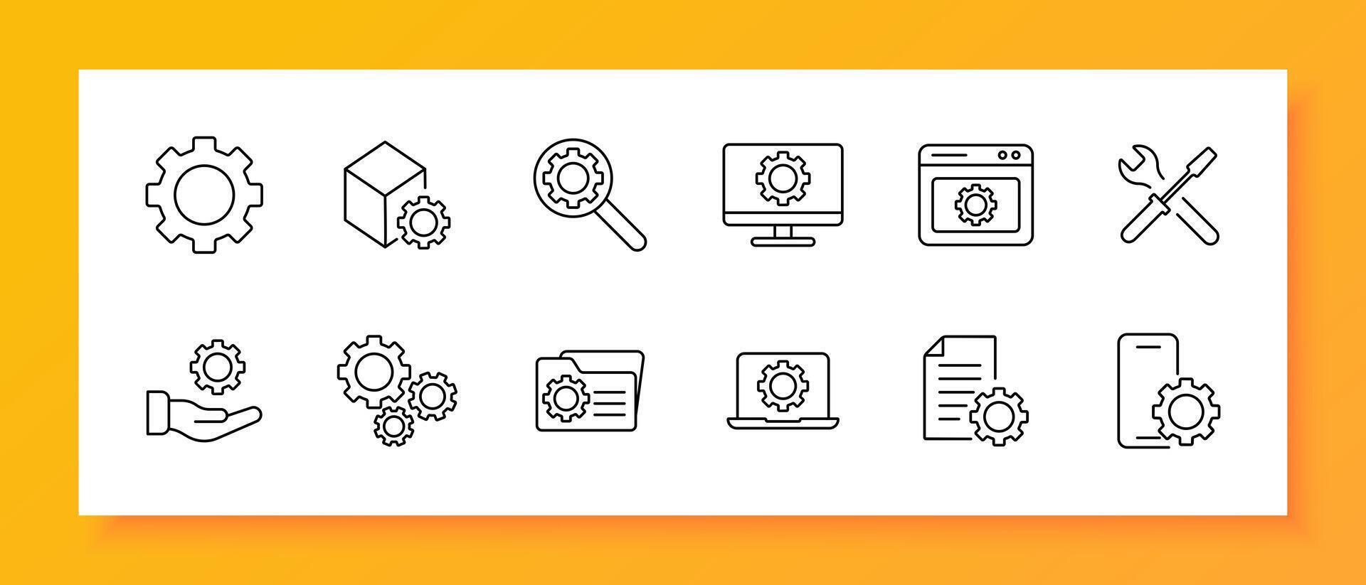 Setting icon set. Gear, website, tuning, hand, proposal, mechanism, configuration, screwdriver, wrench, tools, laptop, file, folder, monitor, phone, adjustment, optimization. line icon. vector