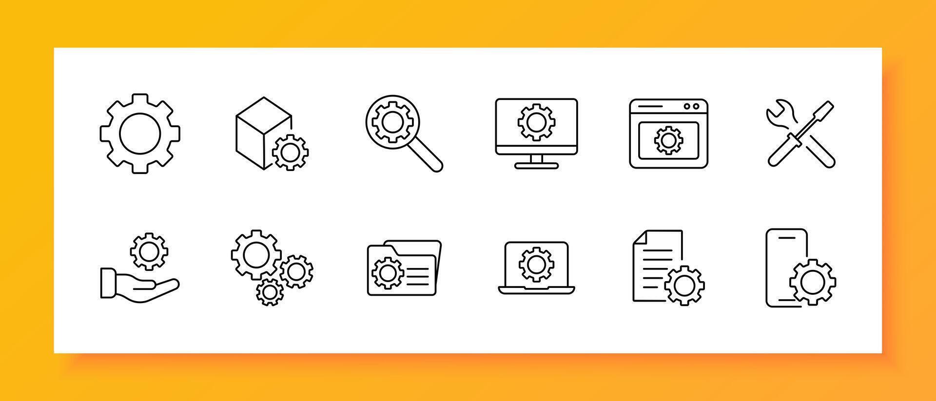 ajuste icono colocar. engranaje, sitio web, Afinación, mano, propuesta, mecanismo, configuración, destornillador, llave inglesa, herramientas, computadora portátil, archivo, carpeta, monitor, teléfono, ajustamiento, mejoramiento. línea icono. vector