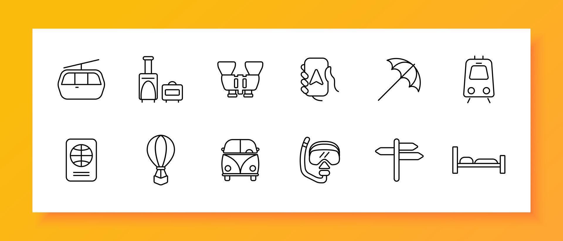 Travel set icon. Umbrella, navigation, maps, hot air balloon, train, cable car, diving, bed, telephone, stove, pointer, hobby, recreation. Tourism and wandering concept. line icon. vector