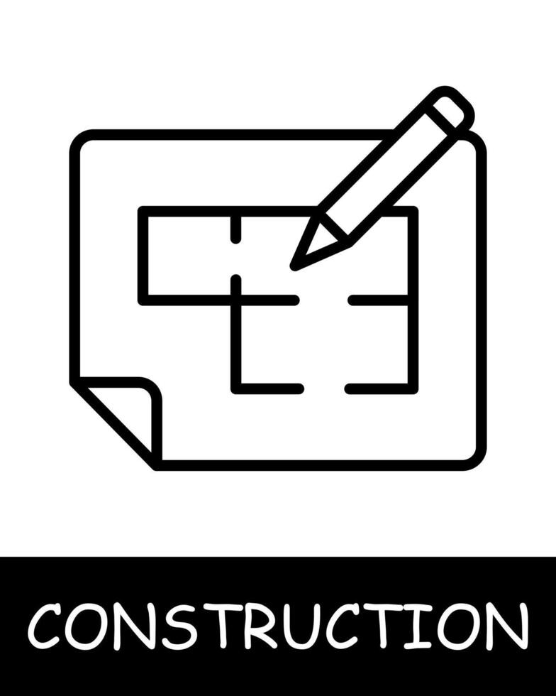 Construction, technology icon. Construction equipment, blueprint, draft, pencil, drawing, building. Industrial machinery, heavy duty vehicles, and tools for construction projects concept. vector