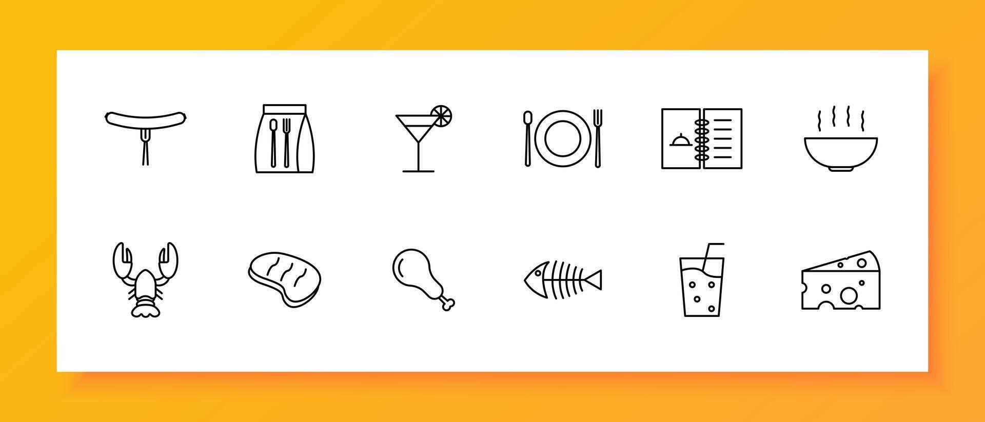 Food set icon. Glass, alcohol, hot dish, steak, skeleton, fish, cheese with holes, chicken, bone, spoon, fork, menu, cocktail, packed lunch. Culinary dishes concept. line icon. vector