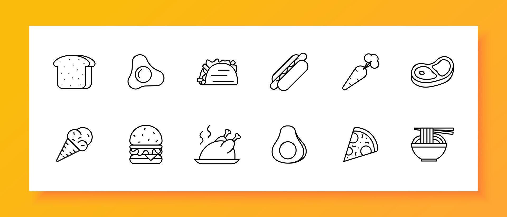 Delicacy set icon. Bread, shawarma, eggs, fried eggs, ice cream, carrots, steak, burger, sausage in dough, grilled chicken, pizza, noodles, street food, unusual food. line icon. vector