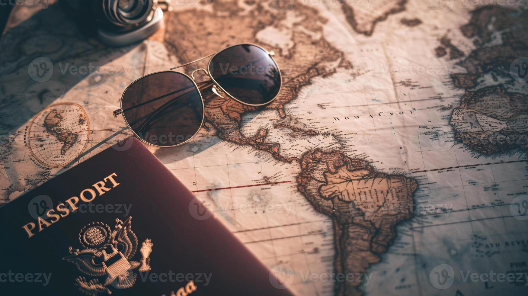 A neatly arranged composition of travel essentials, including an empty covered passport, sunglasses, and a map photo