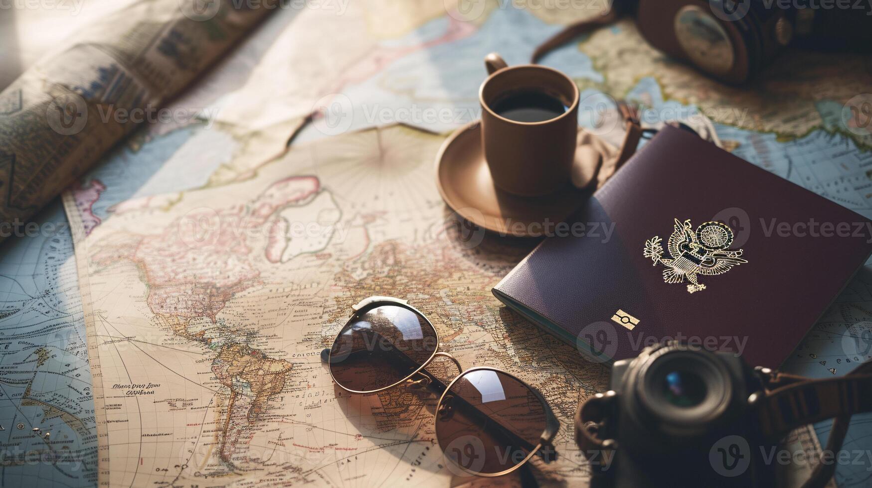 A neatly arranged composition of travel essentials, including an empty covered passport, sunglasses, and a map photo