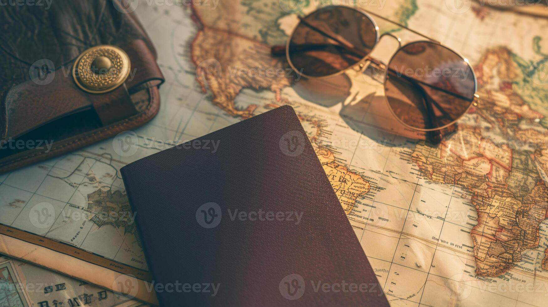 un pulcramente arreglado composición de viaje esenciales, incluso un vacío cubierto pasaporte, Gafas de sol, y un mapa foto