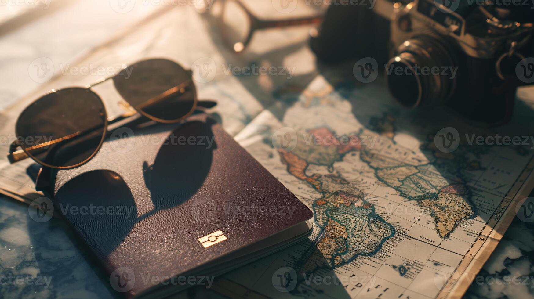 A neatly arranged composition of travel essentials, including an empty covered passport, sunglasses, and a map photo