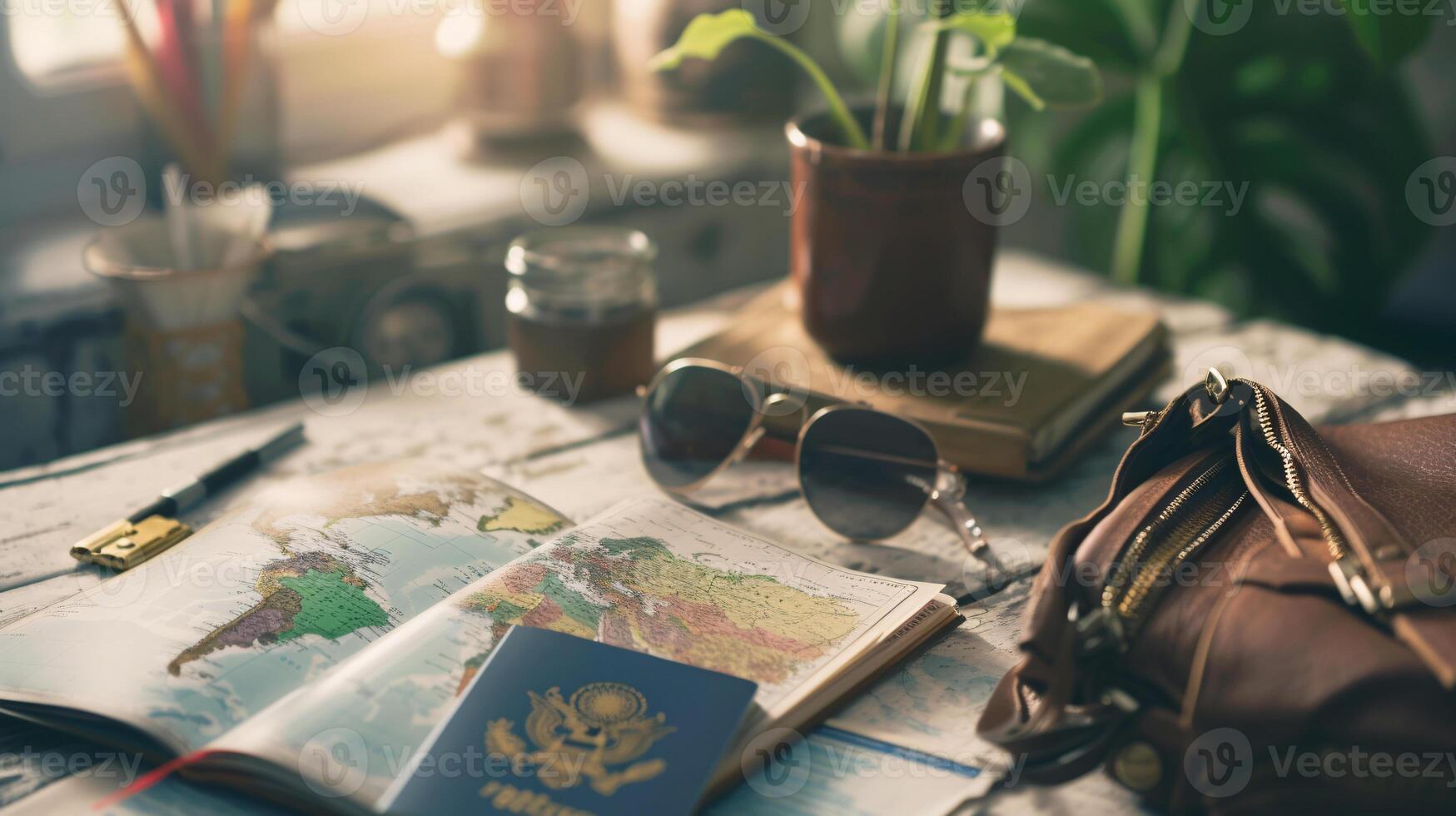 A neatly arranged composition of travel essentials, including an empty covered passport, sunglasses, and a map photo