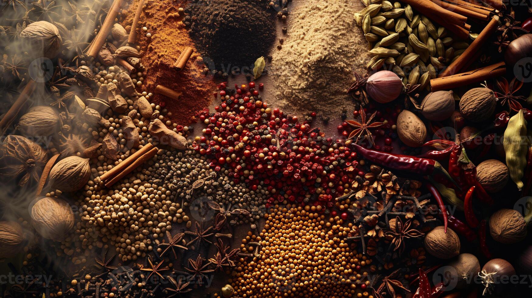 an assortment of whole spices, arranged in harmonious chaos photo