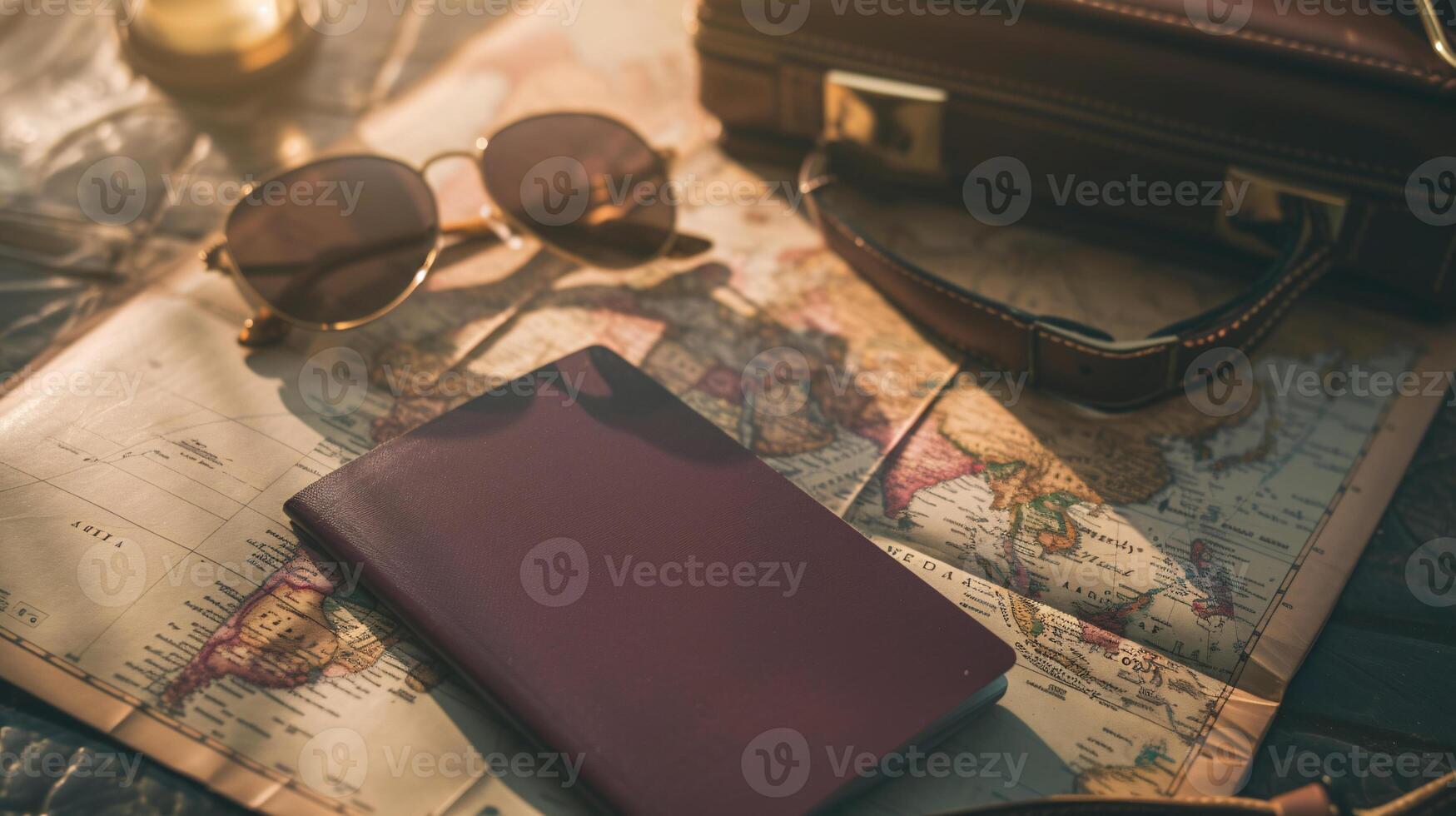 A neatly arranged composition of travel essentials, including an empty covered passport, sunglasses, and a map photo