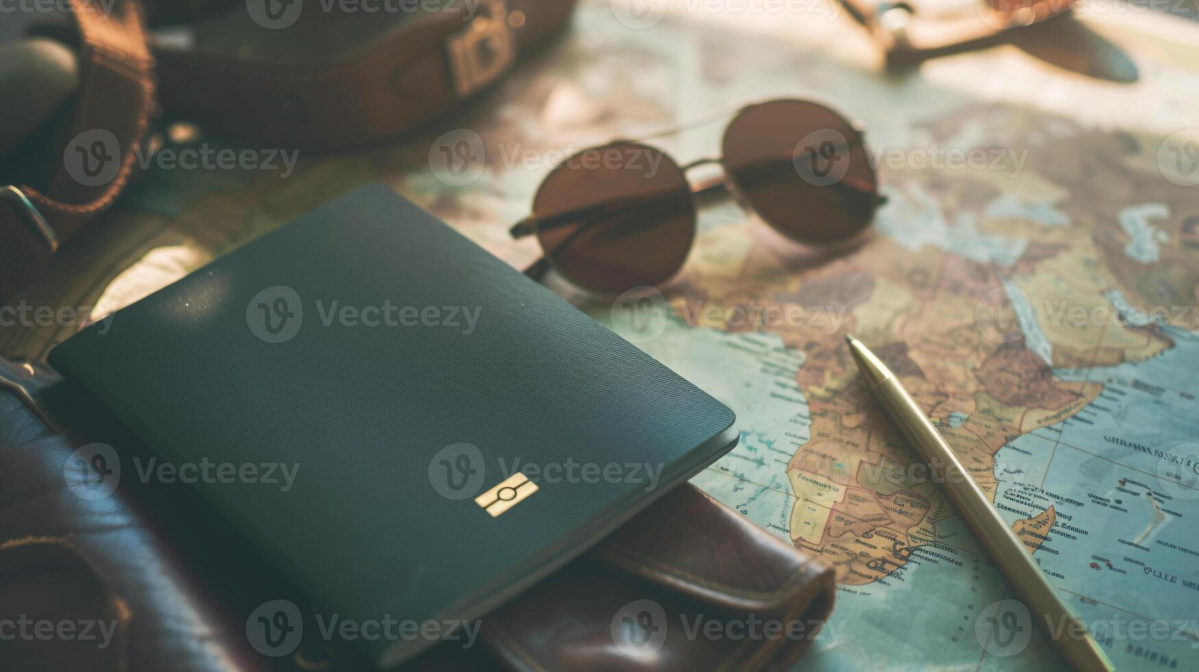 A neatly arranged composition of travel essentials, including an empty covered passport, sunglasses, and a map photo