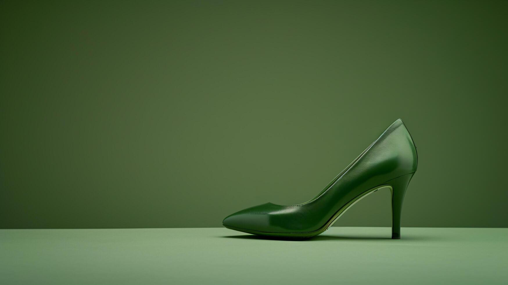 A single elegant colored high-heeled shoe, perfectly positioned against a flat background, symbolizes timeless fashion. photo