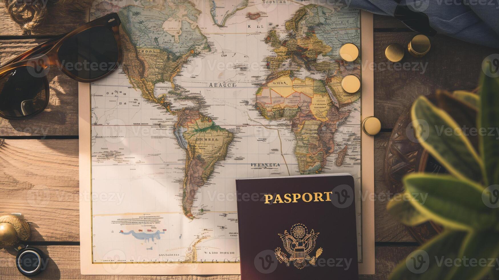 A neatly arranged composition of travel essentials, including an empty covered passport, sunglasses, and a map photo