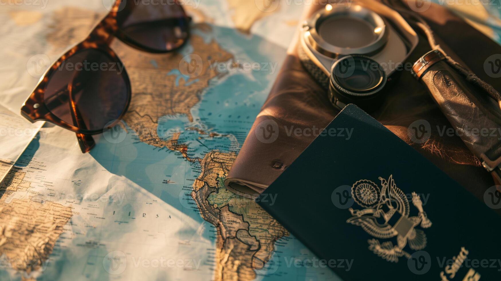 A neatly arranged composition of travel essentials, including an empty covered passport, sunglasses, and a map photo